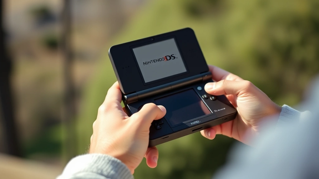 Player holding original Nintendo DS system, hands positioned over touchscreen, gaming in natural daylight, genuine gaming moment