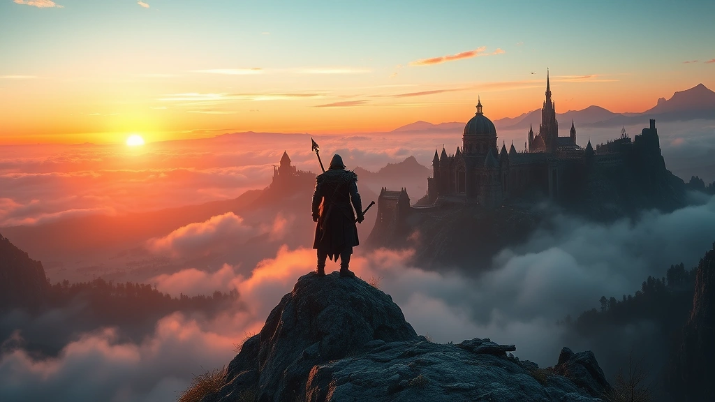 A warrior standing atop a misty mountain overlooking a vast fantasy landscape with glowing ruins and distant castles at sunset, photorealistic fantasy environment