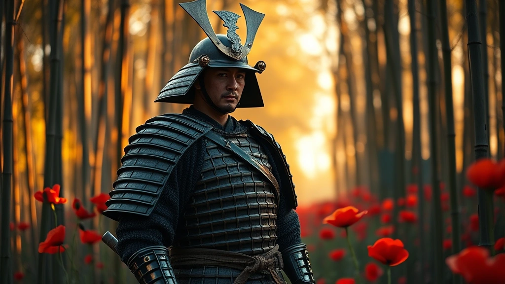 A samurai warrior in traditional armor standing in a bamboo forest with red poppies blooming, Japanese aesthetic with golden hour lighting, cinematic composition