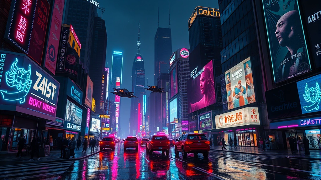 A cyberpunk cityscape at night with neon signs, flying vehicles, and towering skyscrapers reflecting in wet streets, futuristic urban environment with holographic advertisements