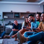 Group of diverse friends laughing together while playing video games on a large TV screen in a modern living room, colorful game visuals glowing on their faces, casual and joyful atmosphere