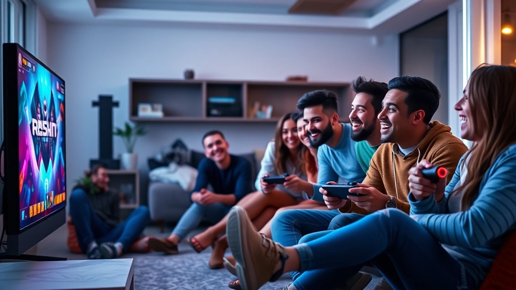 Group of diverse friends laughing together while playing video games on a large TV screen in a modern living room, colorful game visuals glowing on their faces, casual and joyful atmosphere
