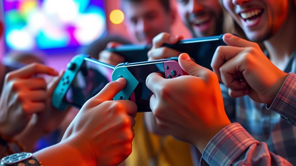 Close-up of multiple hands holding Nintendo Switch controllers during an intense party game moment, vibrant colors and expressions of excitement and competition visible