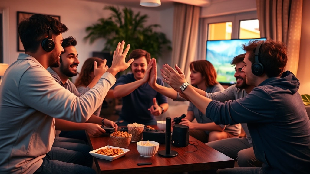 Friends gathered around a gaming setup with multiple controllers, snacks on a table nearby, celebrating a victory with high-fives and genuine happiness, warm evening lighting
