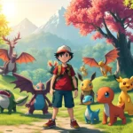 A vibrant Pokémon trainer standing in a lush, colorful region with diverse Pokémon creatures in natural habitats, sunlight filtering through trees, photorealistic fantasy landscape with mountains in background