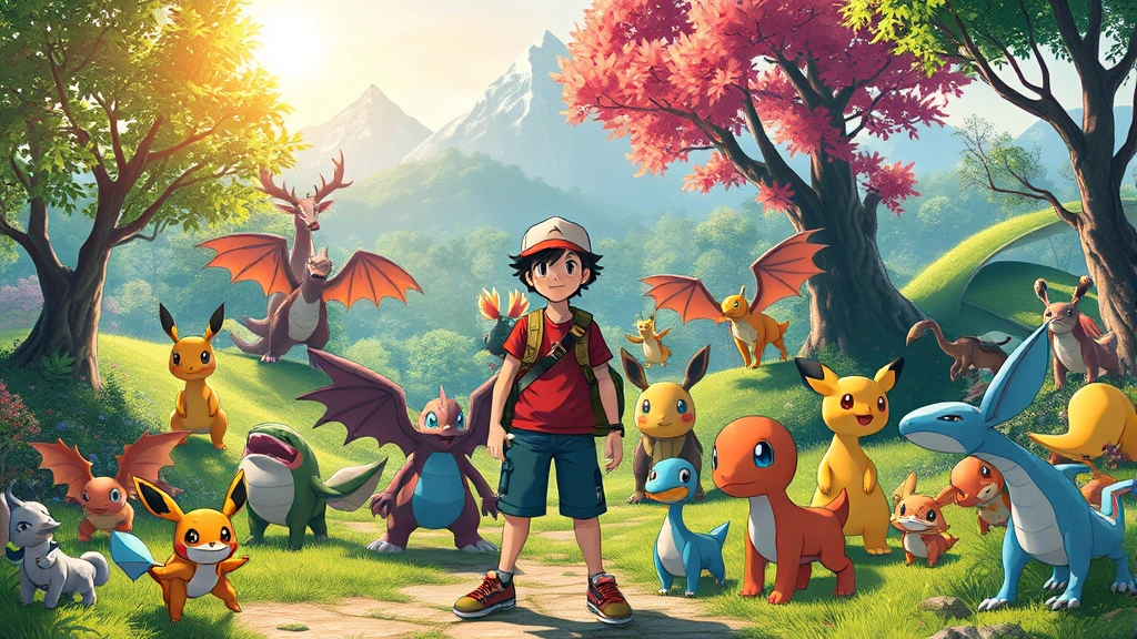 A vibrant Pokémon trainer standing in a lush, colorful region with diverse Pokémon creatures in natural habitats, sunlight filtering through trees, photorealistic fantasy landscape with mountains in background