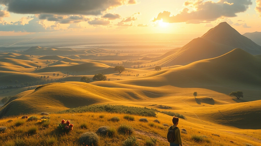 A sprawling open-world Pokémon landscape with rolling hills, diverse biomes, trainer exploring vast terrain, multiple Pokémon species visible in distance, golden hour lighting, photorealistic environment design