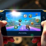 Close-up of PlayStation Vita handheld console held in hands, OLED screen displaying vibrant game graphics, sunlight reflecting off the screen, gamer's hands positioned naturally, photorealistic lighting and textures, no visible game UI or menus