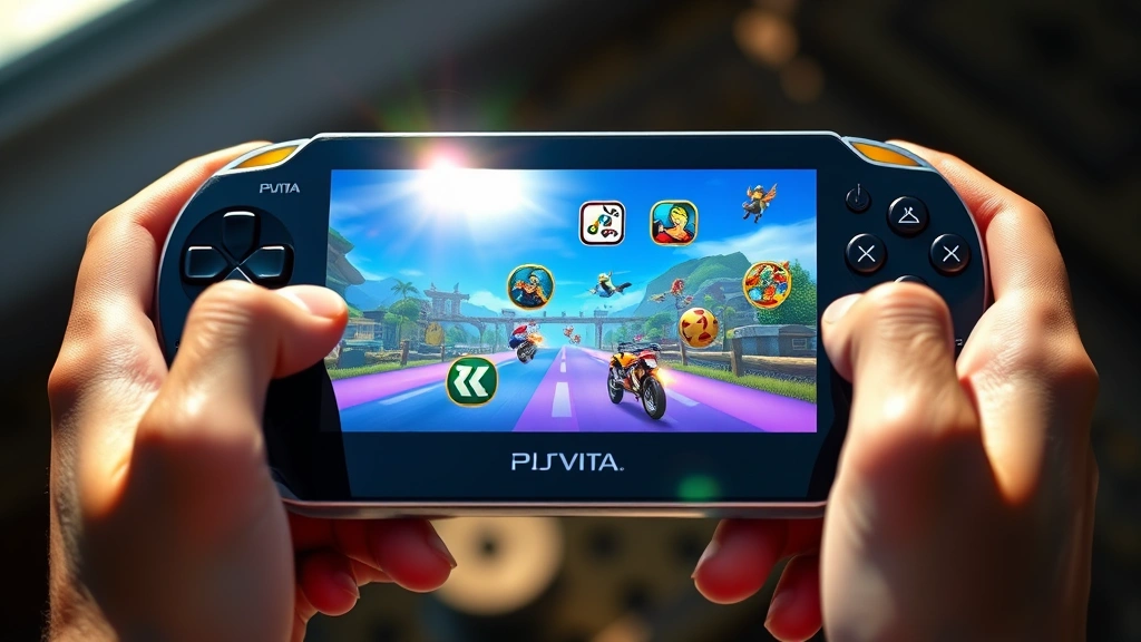 Close-up of PlayStation Vita handheld console held in hands, OLED screen displaying vibrant game graphics, sunlight reflecting off the screen, gamer's hands positioned naturally, photorealistic lighting and textures, no visible game UI or menus
