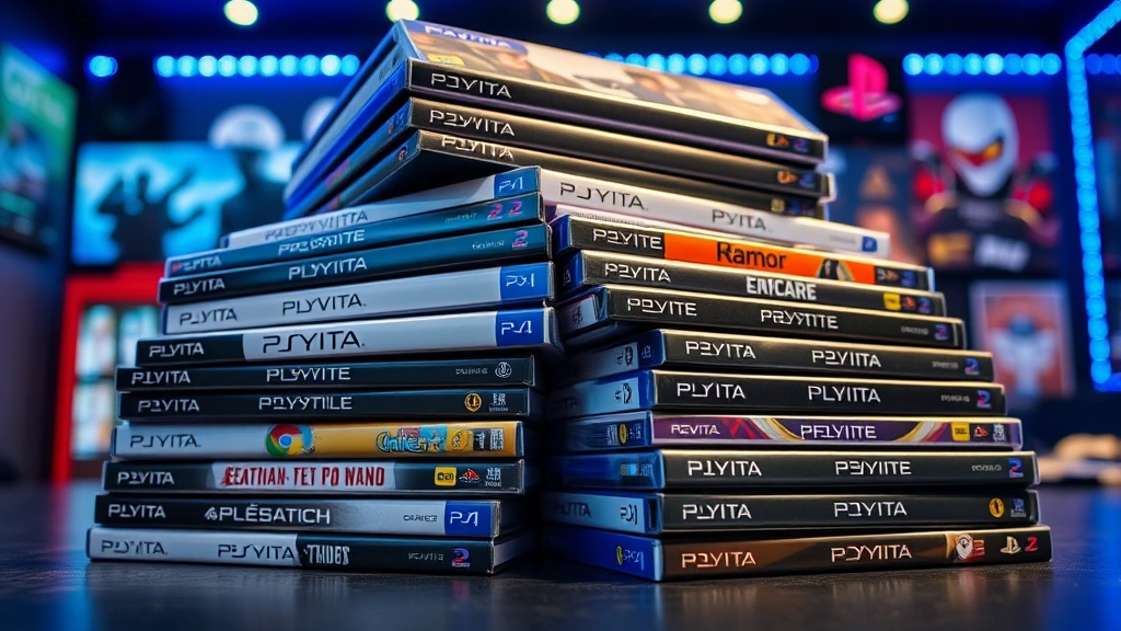 Flat lay arrangement of multiple PS Vita game cases stacked and fanned out, colorful spines and covers visible, gaming environment background with LED lighting, photorealistic product photography style, no visible text or logos