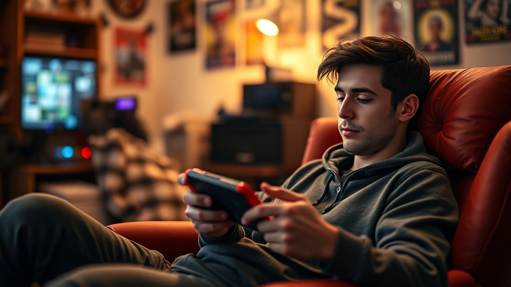 Gamer sitting in cozy gaming setup playing PS Vita handheld, comfortable chair and warm ambient lighting, focused expression on face, blurred gaming room background with posters and shelves, photorealistic indoor scene, no screen content visible
