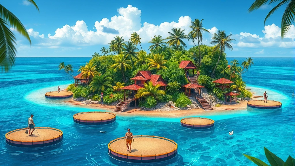 A vibrant tropical island scene with lush vegetation and crystal blue waters, featuring colorful platforms and exotic wildlife in a paradise-like setting, photorealistic environmental concept art