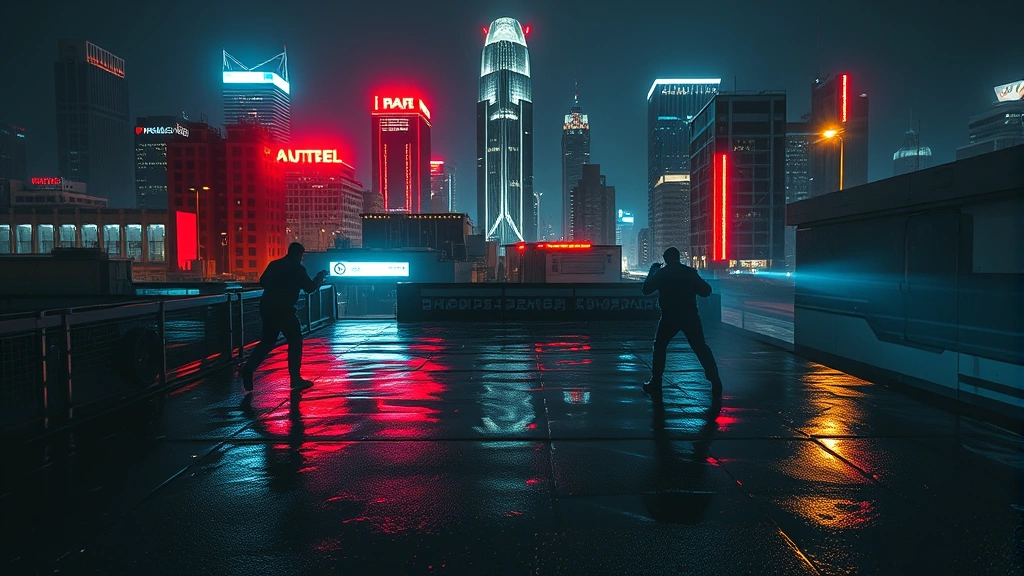 An intense nighttime urban rooftop scene with neon lights reflecting off wet surfaces, featuring combat action and dramatic lighting, photorealistic cyberpunk atmosphere concept