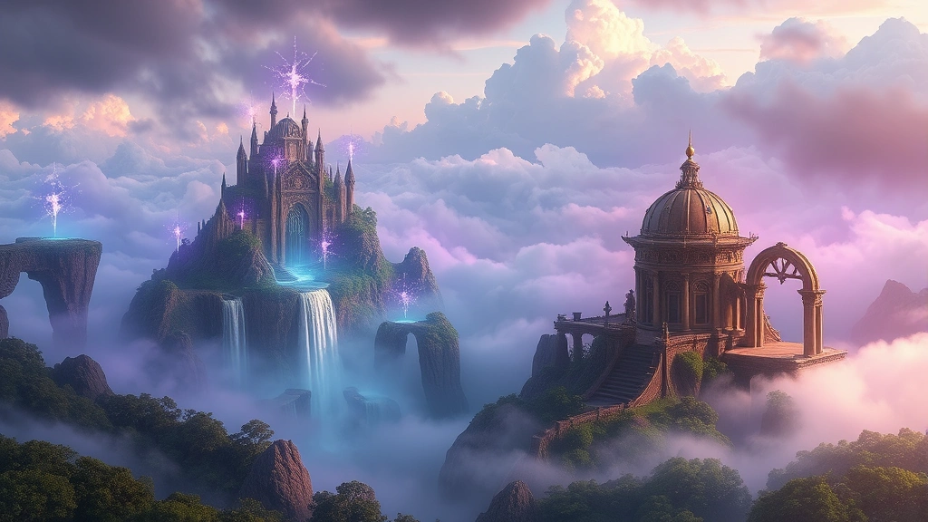 A magical fantasy landscape with floating islands, mystical purple and blue glowing effects, waterfalls cascading through clouds, and an enchanted forest with ancient ruins, photorealistic fantasy world concept