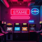 Vibrant retro arcade gaming scene with glowing neon signs and classic 16-bit video game cabinets in a dimly lit arcade room, photorealistic