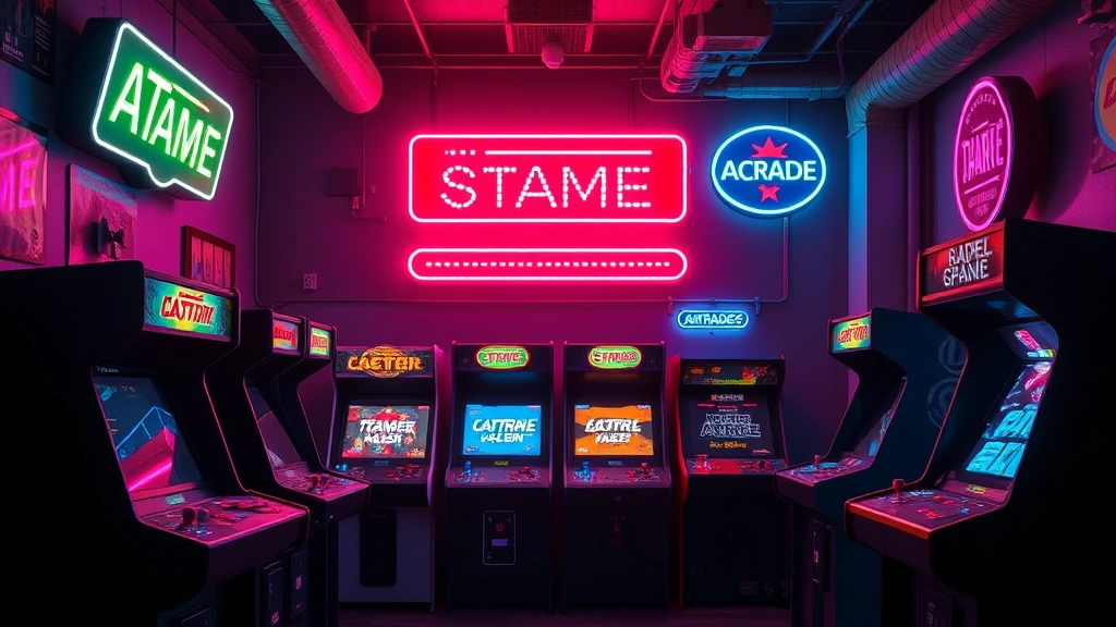 Vibrant retro arcade gaming scene with glowing neon signs and classic 16-bit video game cabinets in a dimly lit arcade room, photorealistic