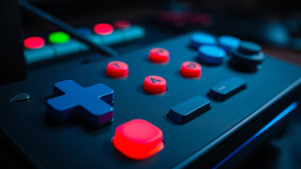 Detailed close-up of colorful vintage video game controller with blue and red buttons, professional gaming setup with RGB lighting on dark background