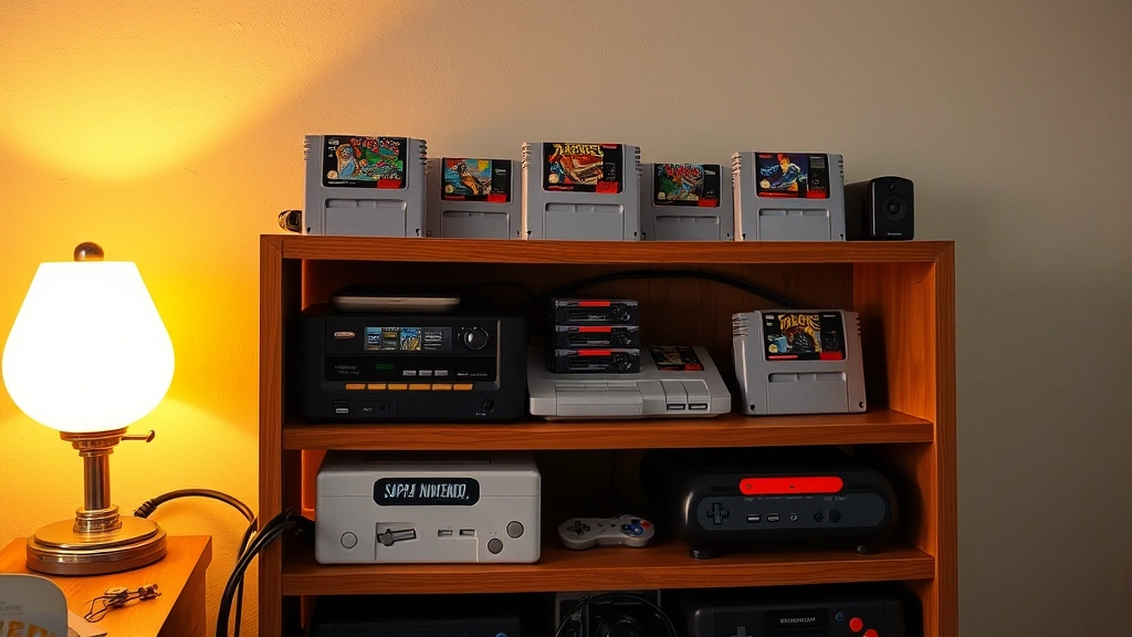 Retro SNES gaming setup with multiple colorful cartridges displayed on wooden shelf, warm lighting, nostalgic atmosphere, detailed hardware visible