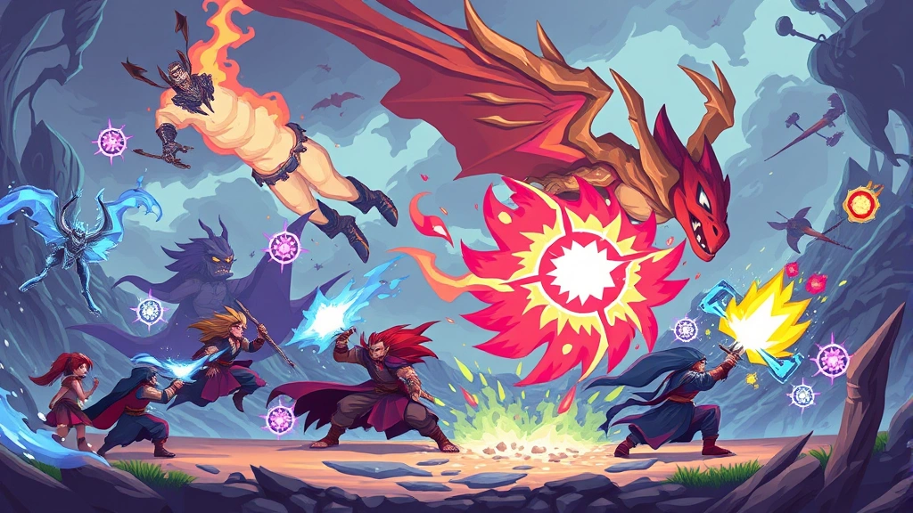 Epic fantasy RPG battle scene with colorful spell effects and character sprites in dynamic combat pose, vibrant pixelated art style, magical aura