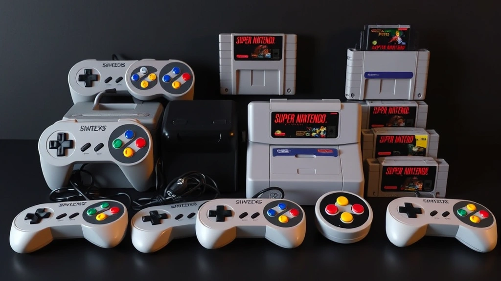 Retro gaming collection featuring iconic SNES controllers and cartridges arranged artistically on dark background, museum-quality presentation, professional lighting