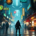 Photorealistic cinematic scene of a lone scoundrel character standing in a bustling alien spaceport with glowing neon signs and diverse alien merchants, dramatic lighting, 2024 gaming graphics quality
