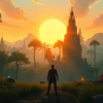 A player character standing in a lush fantasy forest at sunset, surrounded by glowing magical elements and ancient ruins, photorealistic fantasy landscape with vibrant colors and atmospheric lighting, no UI elements