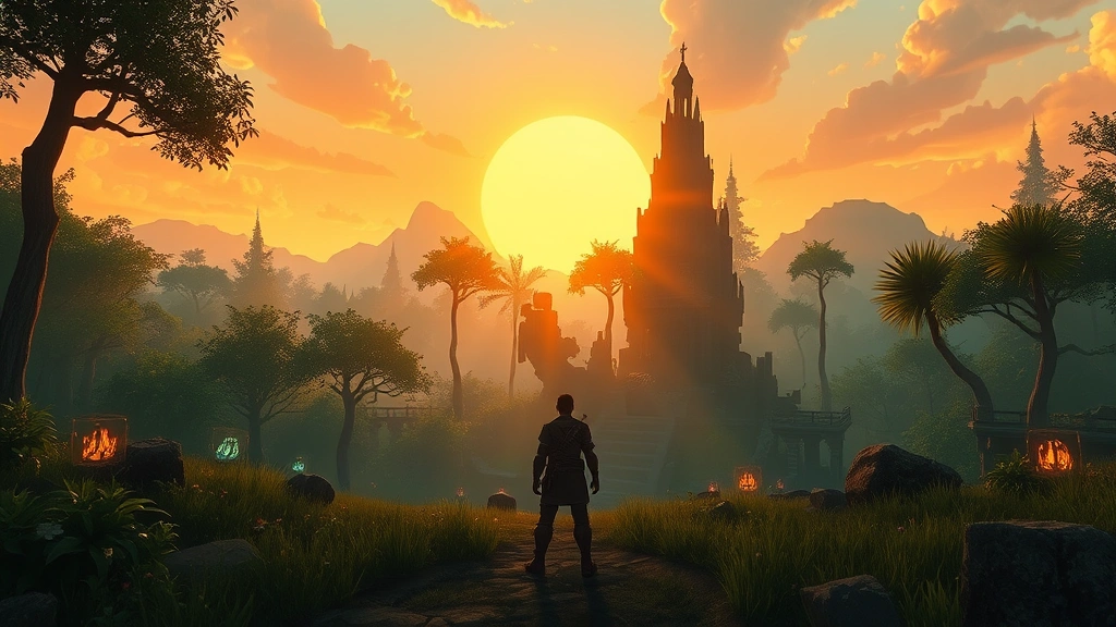 A player character standing in a lush fantasy forest at sunset, surrounded by glowing magical elements and ancient ruins, photorealistic fantasy landscape with vibrant colors and atmospheric lighting, no UI elements