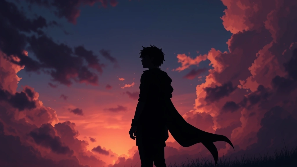 An intimate scene of a single character silhouetted against a dramatic sky, showing contemplation and emotional depth, moody atmospheric lighting with rich color gradients, no dialogue boxes or HUD elements
