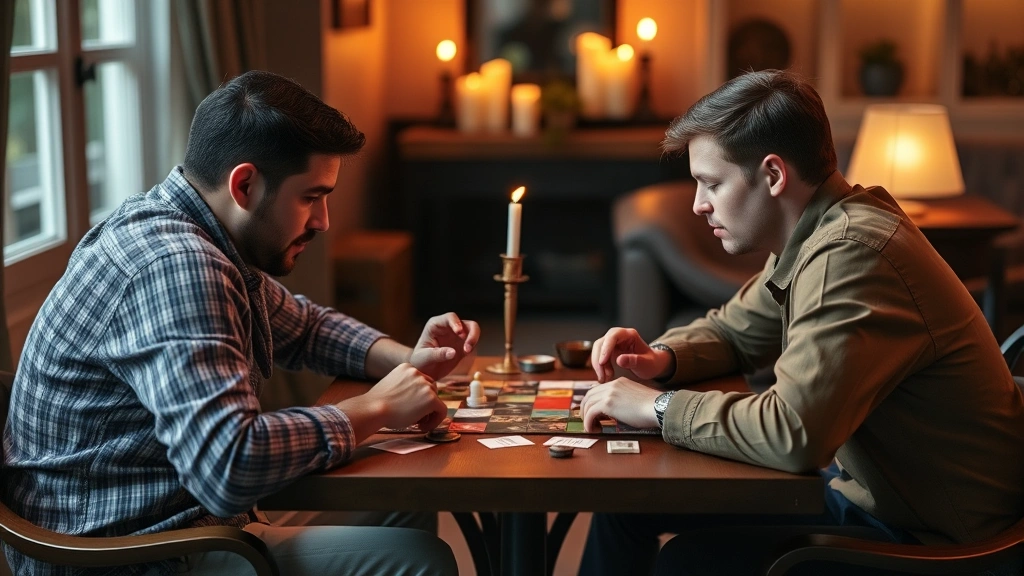 Two players intensely focused on a modern board game with beautiful components, seated across from each other with game board between them, candlelit evening ambiance