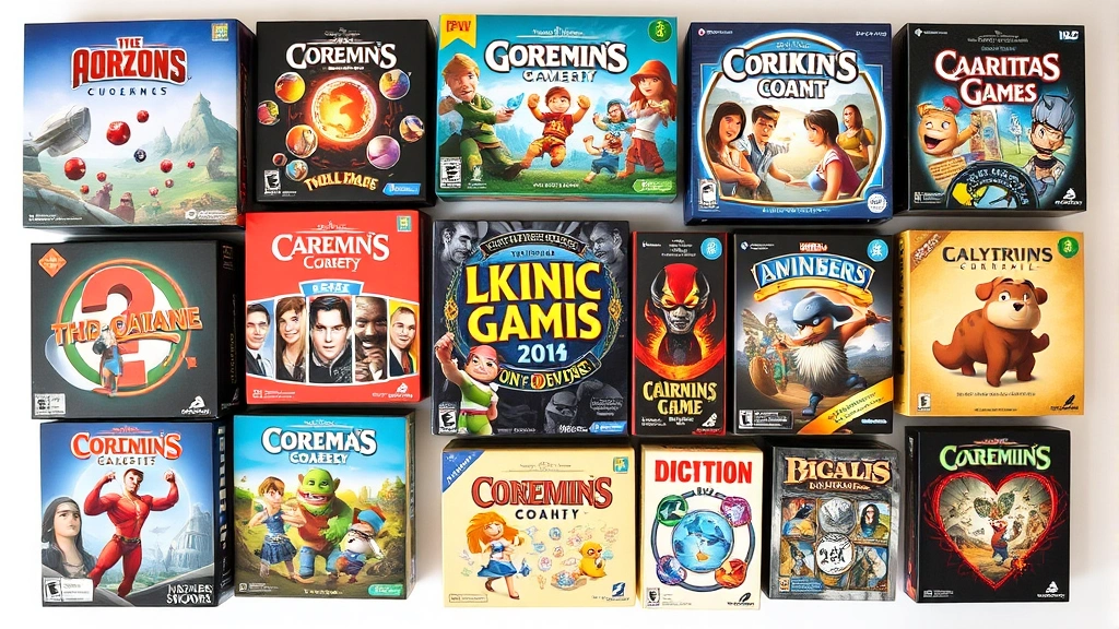 Overhead flat-lay of multiple award-winning two-player board games displayed together, showing diverse game boxes, dice, tokens, and cards representing different genres and themes