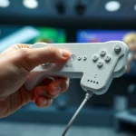 Wii remote controller in hand performing motion gesture with dynamic action blur, gaming environment background, photorealistic, no UI elements