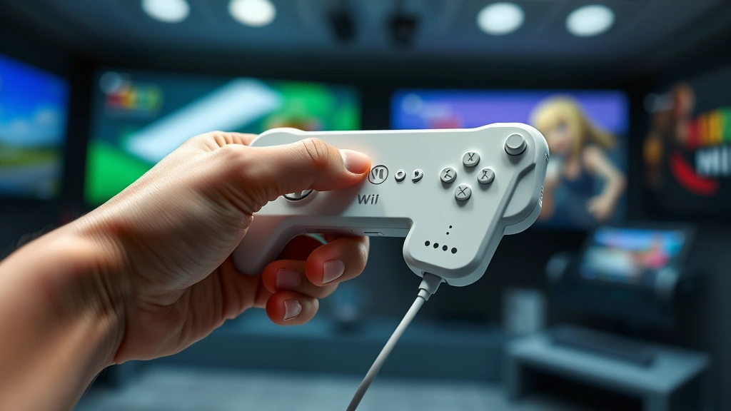 Wii remote controller in hand performing motion gesture with dynamic action blur, gaming environment background, photorealistic, no UI elements