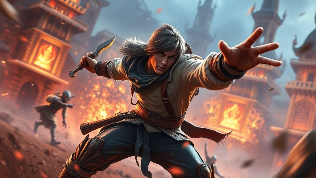 Character in motion during epic adventure game battle with vibrant particle effects and fantasy environment, dynamic action pose, photorealistic lighting