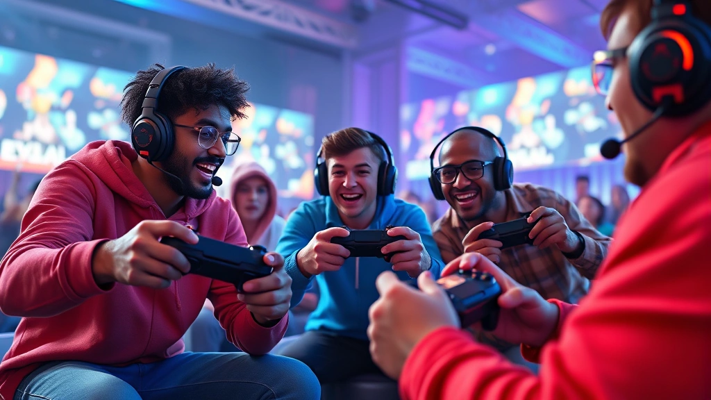Multiplayer gaming moment with multiple controllers and engaging gameplay scene showing teamwork and fun, vibrant colors, photorealistic rendering