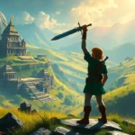 Link standing heroically in a vibrant fantasy landscape with ancient temples and lush vegetation, holding the Master Sword aloft with determination, dramatic lighting casting long shadows across rolling hills and mystical ruins