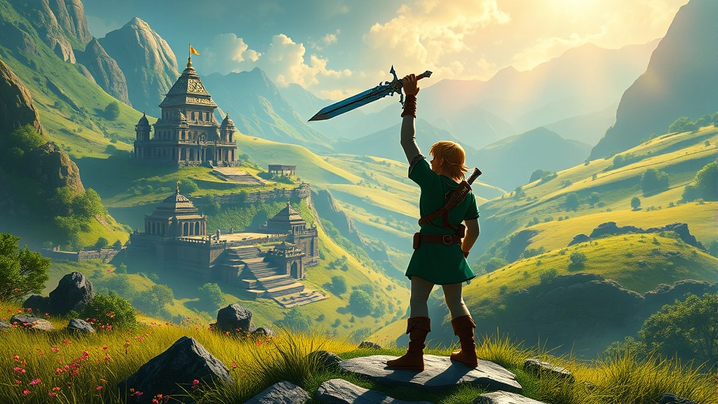Link standing heroically in a vibrant fantasy landscape with ancient temples and lush vegetation, holding the Master Sword aloft with determination, dramatic lighting casting long shadows across rolling hills and mystical ruins