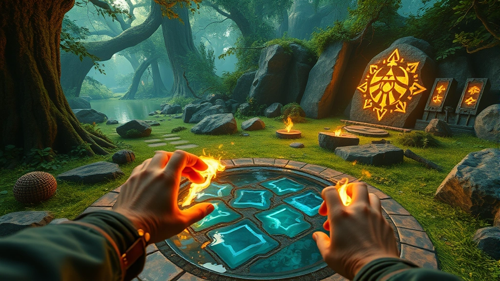 Detailed first-person perspective of Link solving an intricate environmental puzzle using fire and water elements in a verdant forest setting, with glowing magical symbols and natural rock formations creating a sense of discovery