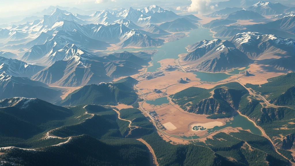 Expansive aerial view of a massive fantasy world with diverse biomes including snow-capped mountains, dense forests, vast deserts, and shimmering lakes, showcasing the scale and beauty of an epic adventure game environment