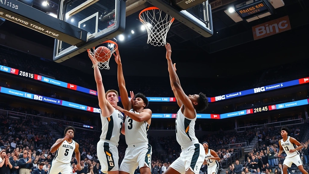 Dynamic college basketball game action shot with players competing for the ball under the basket during intense Big Ten conference matchup, arena lights illuminated, crowd energy visible