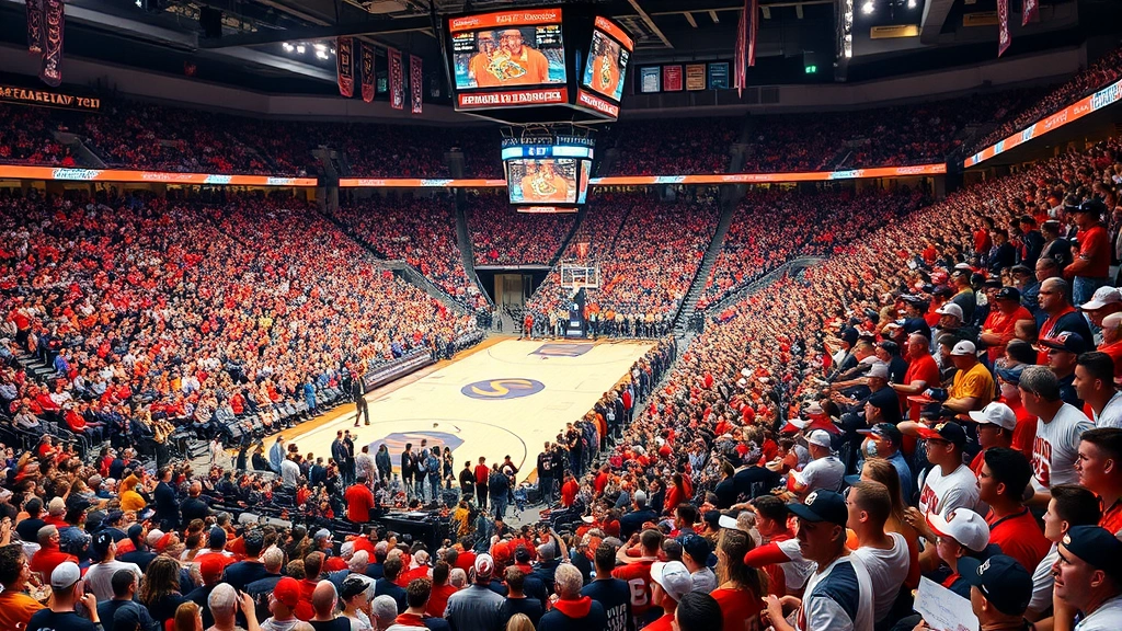 Packed college basketball arena with thousands of enthusiastic fans wearing team colors, creating incredible game day atmosphere with visible team flags and banners