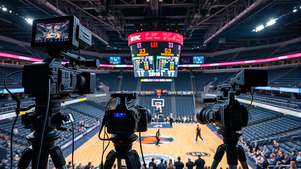 Professional college basketball broadcast setup showing multiple camera angles capturing game action, scoreboard displaying points and time, professional lighting and stadium infrastructure