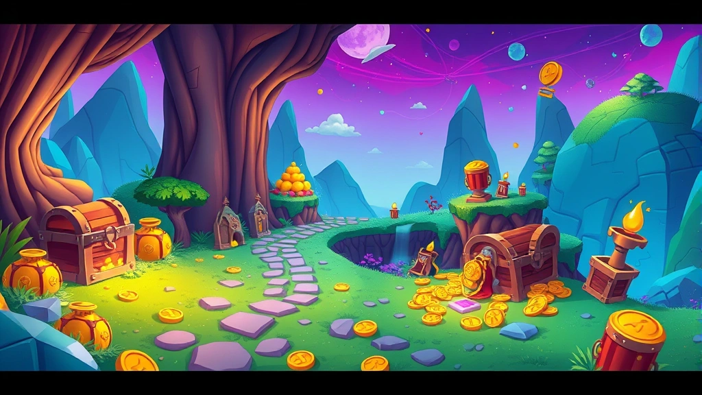 A vibrant, colorful game level featuring treasure chests, gold coins, and mysterious artifacts scattered throughout a fantastical landscape with Billy Bob-style aesthetics, no UI elements or text visible