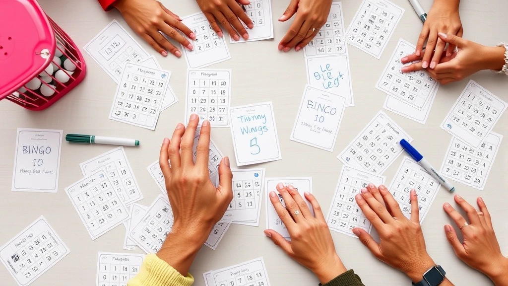 Overhead shot of a bingo game in progress with multiple reusable plastic cards marked with dry-erase markers, bingo cage with balls visible, players' hands reaching across the table in excitement