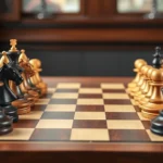 Professional chess board with white and black bishops positioned on diagonals, photorealistic wooden board with precise piece placement, tournament setting with soft lighting
