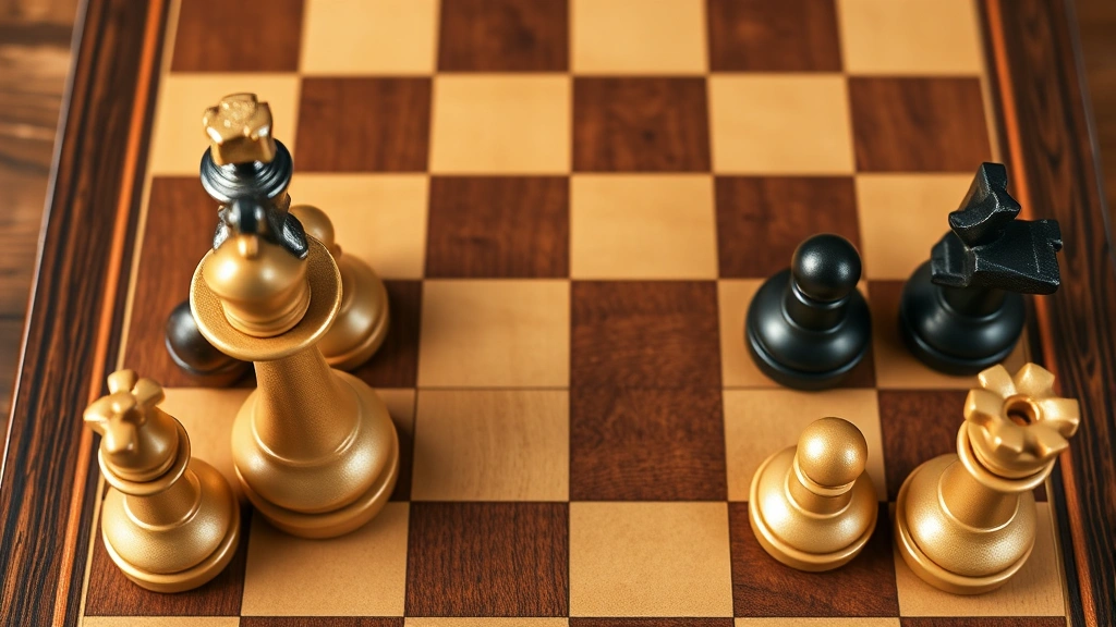 Chess endgame position with two bishops and pawns on board, photorealistic perspective showing tactical complexity, overhead view of championship-quality wooden board