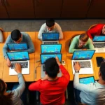 Overhead shot of diverse group of students sitting at desks with laptops and tablets, laughing and pointing at screens showing colorful Blooket game interfaces with leaderboards and quiz questions, bright classroom lighting