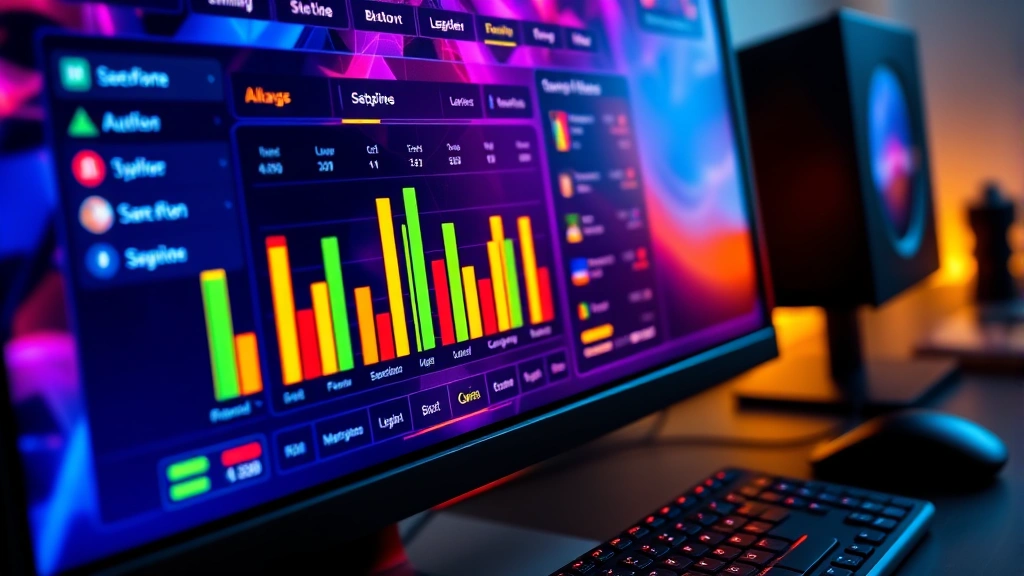 Close-up of computer monitor displaying vibrant Blooket host dashboard with animated game mode graphics, rising bar charts, and glowing player names on leaderboard, warm desk lighting with gaming keyboard visible