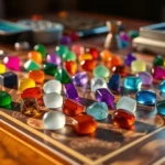 Colorful gemstone tokens arranged on elegant wooden table, premium board game components with metallic sheen, soft natural lighting highlighting texture and craftsmanship details