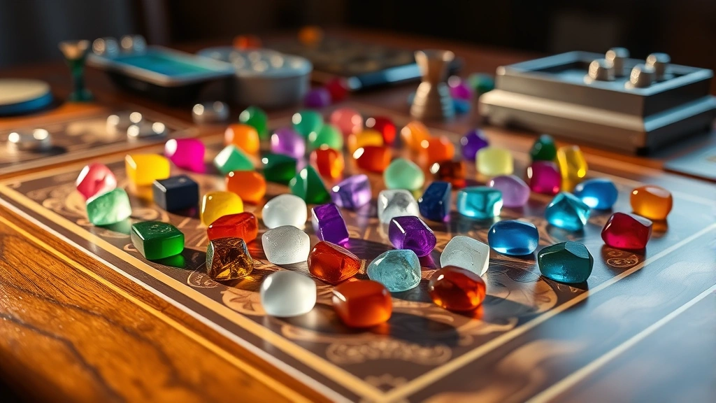 Colorful gemstone tokens arranged on elegant wooden table, premium board game components with metallic sheen, soft natural lighting highlighting texture and craftsmanship details