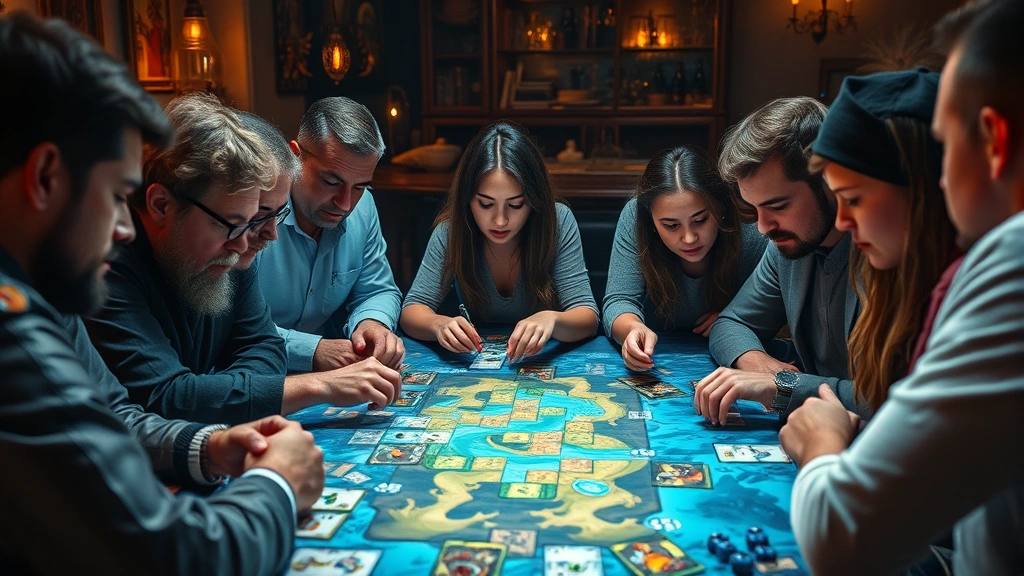 Diverse group of players gathered around table playing underwater-themed board game, concentrated expressions examining cards and tokens, warm ambient lighting creating intimate gaming atmosphere